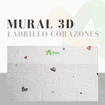 PAPEL MURAL 3D LADRILLO CORAZONES